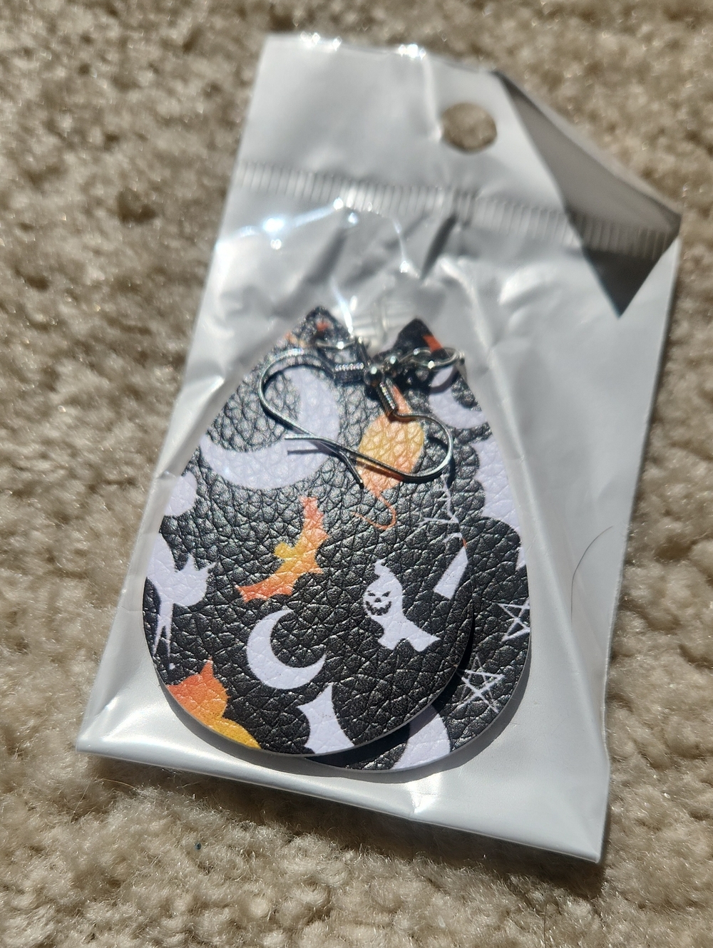 Halloween Ghost & Moon Teardrop Earrings - Black with White & Orange Accents